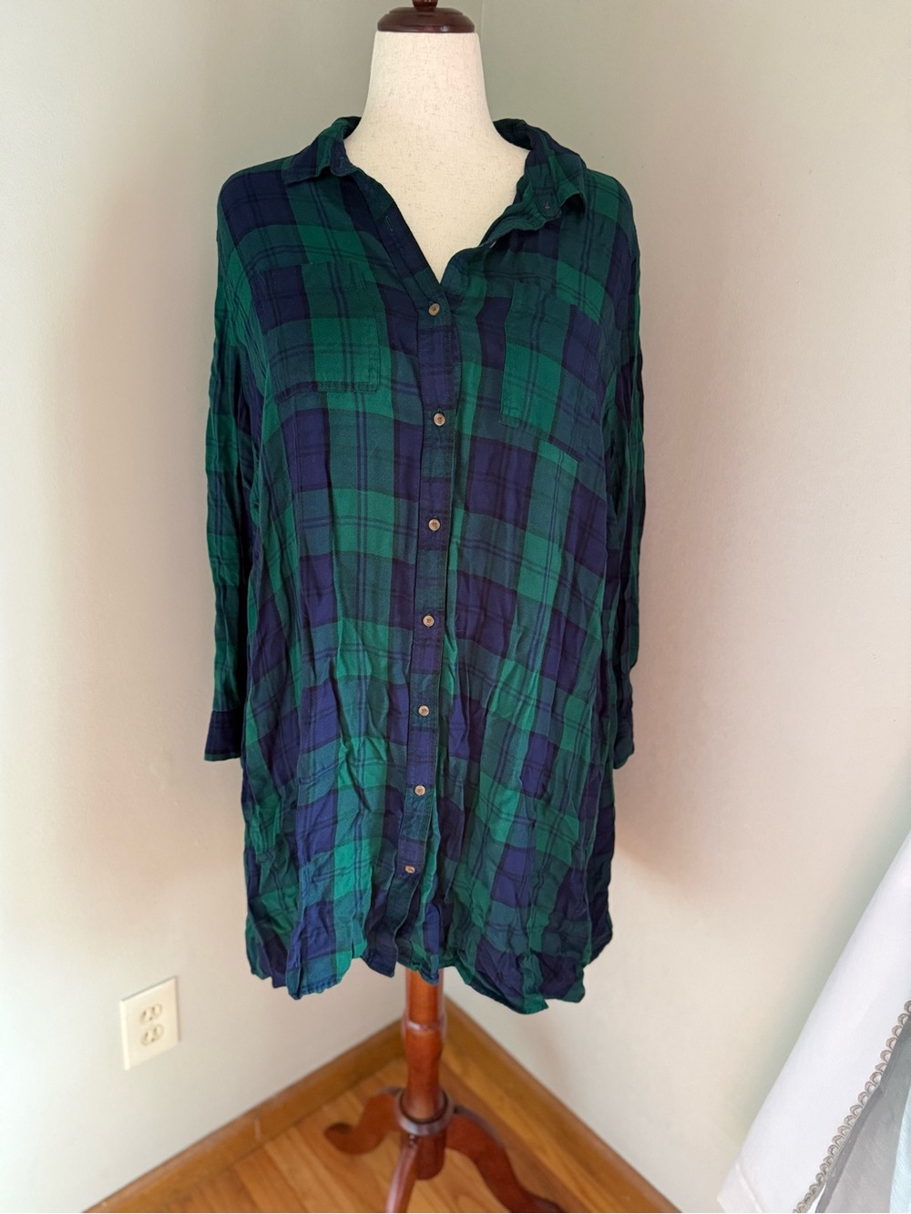 Old Navy Green and Navy Plaid Flannel Shirt Dress